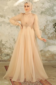 Tesettürlü Abiye Elbise - Boncuk Detaylı Gold Tesettür Abiye Elbise 22571GOLD - Thumbnail