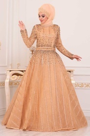 Tesettürlü Abiye Elbise - Boncuk Detaylı Gold Tesettür Abiye Elbise 4691GOLD - Thumbnail