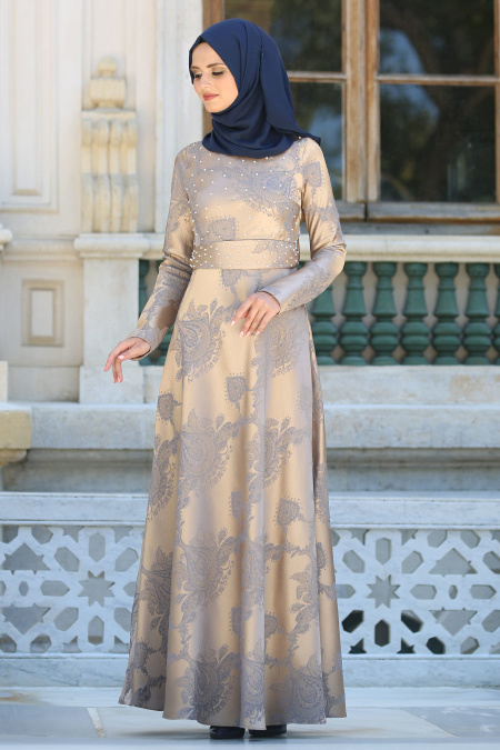 Tesettürlü Abiye Elbise - Boncuk Detaylı Gold Tesettür Abiye Elbise 7642GOLD