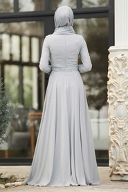 Tesettürlü Abiye Elbise - Boncuk Detaylı Gri Tesettür Abiye Elbise 20901GR - Thumbnail