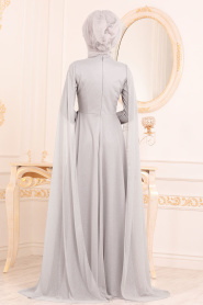Tesettürlü Abiye Elbise - Boncuk Detaylı Gri Tesettür Abiye Elbise 2093GR - Thumbnail