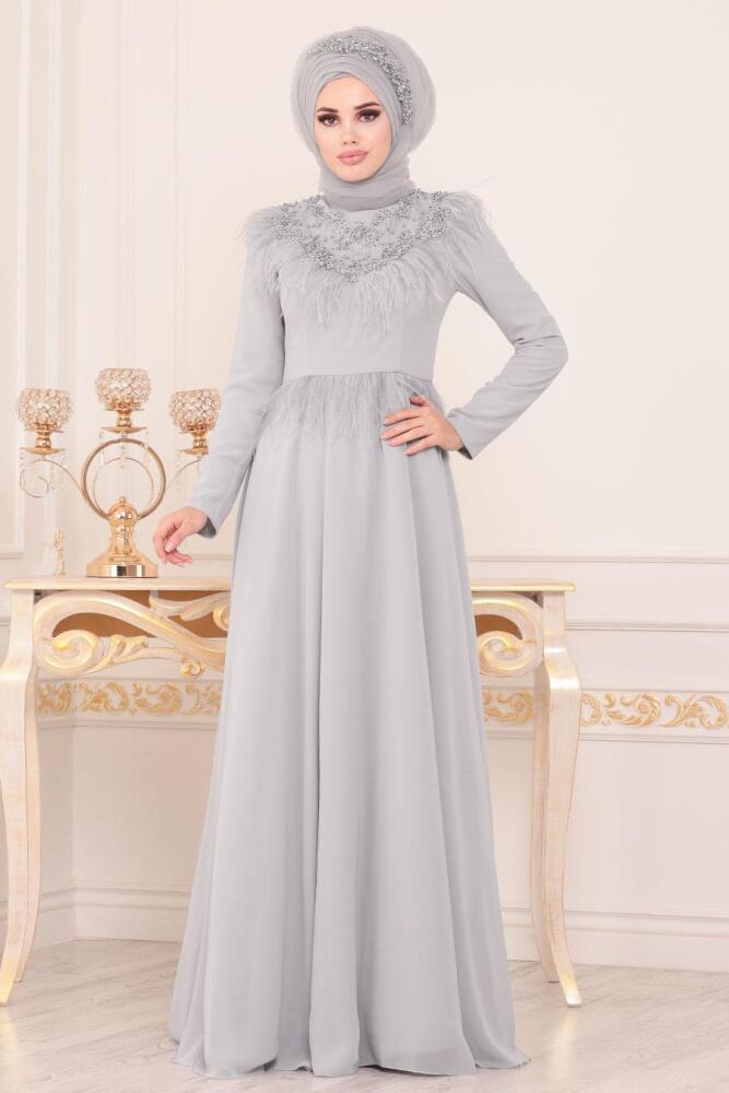 Tesettürlü Abiye Elbise - Boncuk Detaylı Gri Tesettür Abiye Elbise 20950GR - 1