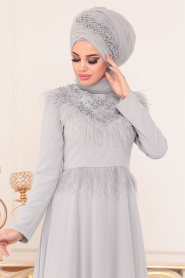 Tesettürlü Abiye Elbise - Boncuk Detaylı Gri Tesettür Abiye Elbise 20950GR - Thumbnail