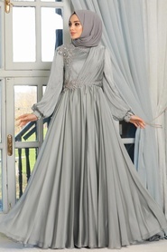 Tesettürlü Abiye Elbise - Boncuk Detaylı Gri Tesettür Abiye Elbise 21650GR - Thumbnail
