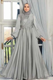 Tesettürlü Abiye Elbise - Boncuk Detaylı Gri Tesettür Abiye Elbise 21650GR - Thumbnail