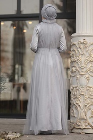Tesettürlü Abiye Elbise - Boncuk Detaylı Gri Tesettür Abiye Elbise 2203GR - Thumbnail