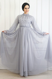 Tesettürlü Abiye Elbise - Boncuk Detaylı Gri Tesettür Abiye Elbise 22450GR - Thumbnail