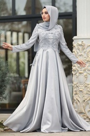Tesettürlü Abiye Elbise - Boncuk Detaylı Gri Tesettür Abiye Elbise 45740GR - Thumbnail