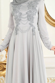 Tesettürlü Abiye Elbise - Boncuk Detaylı Gri Tesettür Abiye Elbise 7954GR - Thumbnail