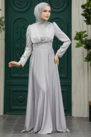 Tesettürlü Abiye Elbise - Boncuk Detaylı Gri Tesettür Saten Abiye Elbise 39011GR - Thumbnail