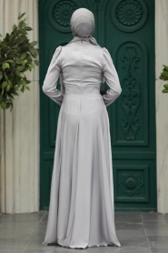 Tesettürlü Abiye Elbise - Boncuk Detaylı Gri Tesettür Saten Abiye Elbise 39011GR - Thumbnail