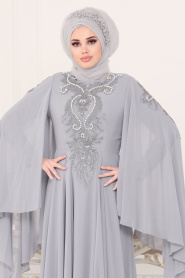 Tesettürlü Abiye Elbise - Boncuk Detaylı Gri Tesettürlü Abiye Elbise 8485GR - Thumbnail