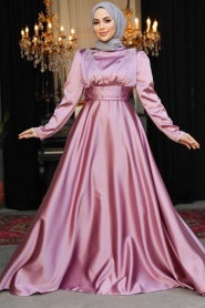 Tesettürlü Abiye Elbise - Boncuk Detaylı Gül Kurusu Tesettür Saten Abiye Elbise 25880GK - Thumbnail