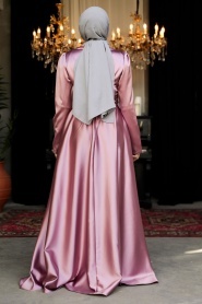 Tesettürlü Abiye Elbise - Boncuk Detaylı Gül Kurusu Tesettür Saten Abiye Elbise 25880GK - Thumbnail