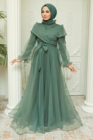 Tesettürlü Abiye Elbise - Boncuk Detaylı Haki Tesettür Abiye Elbise 22331HK - Thumbnail