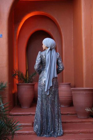 Tesettürlü Abiye Elbise - Boncuk İşlemeli Gri Tesettür Abiye Elbise 50651GR - 7