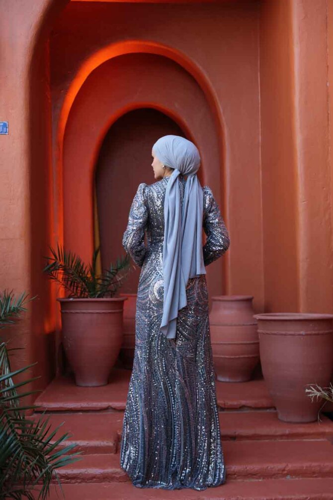 Tesettürlü Abiye Elbise - Boncuk İşlemeli Gri Tesettür Abiye Elbise 50651GR - 7