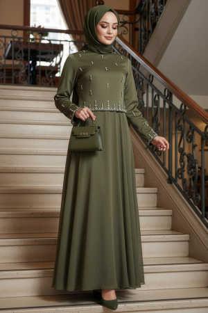 Tesettürlü Abiye Elbise - Boncuk Detaylı Haki Tesettür Abiye Elbise 55721HK 
