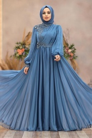 Tesettürlü Abiye Elbise - Boncuk Detaylı İndigo Mavisi Tesettür Abiye Elbise 21650IM - Thumbnail