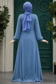 Tesettürlü Abiye Elbise - Boncuk Detaylı İndigo Mavisi Tesettür Abiye Elbise 22113IM - Thumbnail