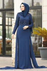 Tesettürlü Abiye Elbise - Boncuk Detaylı İndigo Mavisi Tesettür Abiye Elbise 3873IM - Thumbnail