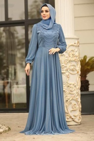 Tesettürlü Abiye Elbise - Boncuk Detaylı İndigo Mavisi Tesettür Abiye Elbise 39490IM - Thumbnail