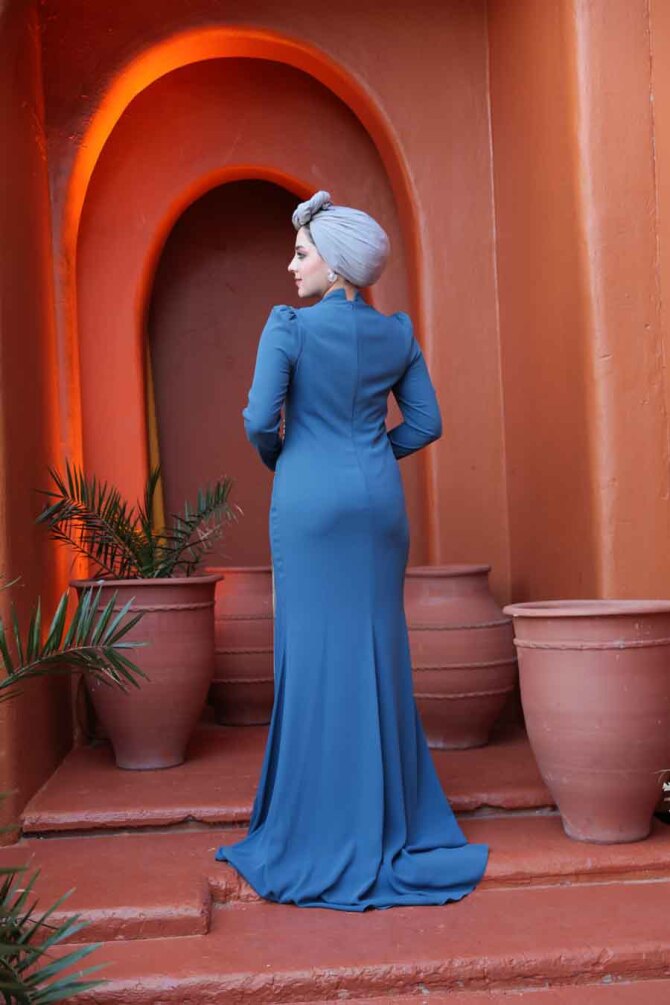 Tesettürlü Abiye Elbise - Boncuk Detaylı İndigo Mavisi Tesettür Abiye Elbise 49651IM - 4