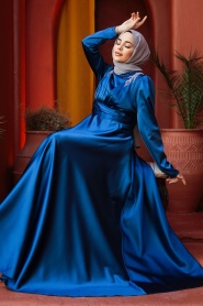 Tesettürlü Abiye Elbise - Boncuk Detaylı İndigo Mavisi Tesettür Saten Abiye Elbise 25880IM - Thumbnail