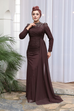 Tesettürlü Abiye Elbise - Boncuk Detaylı Kahverengi Tesettür Abiye Elbise 54301KH - 2