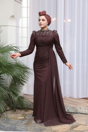 Tesettürlü Abiye Elbise - Boncuk Detaylı Kahverengi Tesettür Abiye Elbise 54301KH - 1