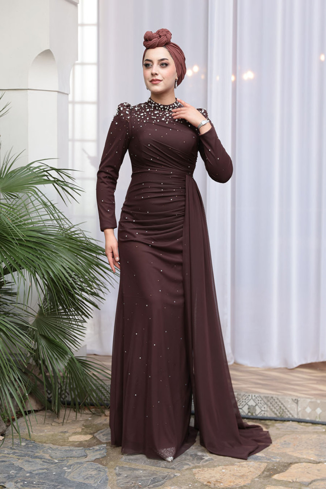 Tesettürlü Abiye Elbise - Boncuk Detaylı Kahverengi Tesettür Abiye Elbise 54301KH - 3