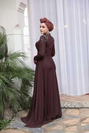 Tesettürlü Abiye Elbise - Boncuk Detaylı Kahverengi Tesettür Abiye Elbise 54301KH - 4