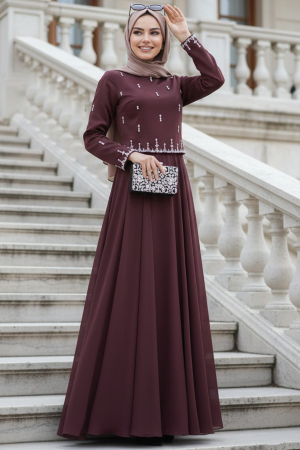 Tesettürlü Abiye Elbise - Boncuk Detaylı Kahverengi Tesettür Abiye Elbise 55721KH 