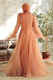 Tesettürlü Abiye Elbise - Boncuk Detaylı Kiremit Tesettür Abiye Elbise 2249KRMT - Thumbnail
