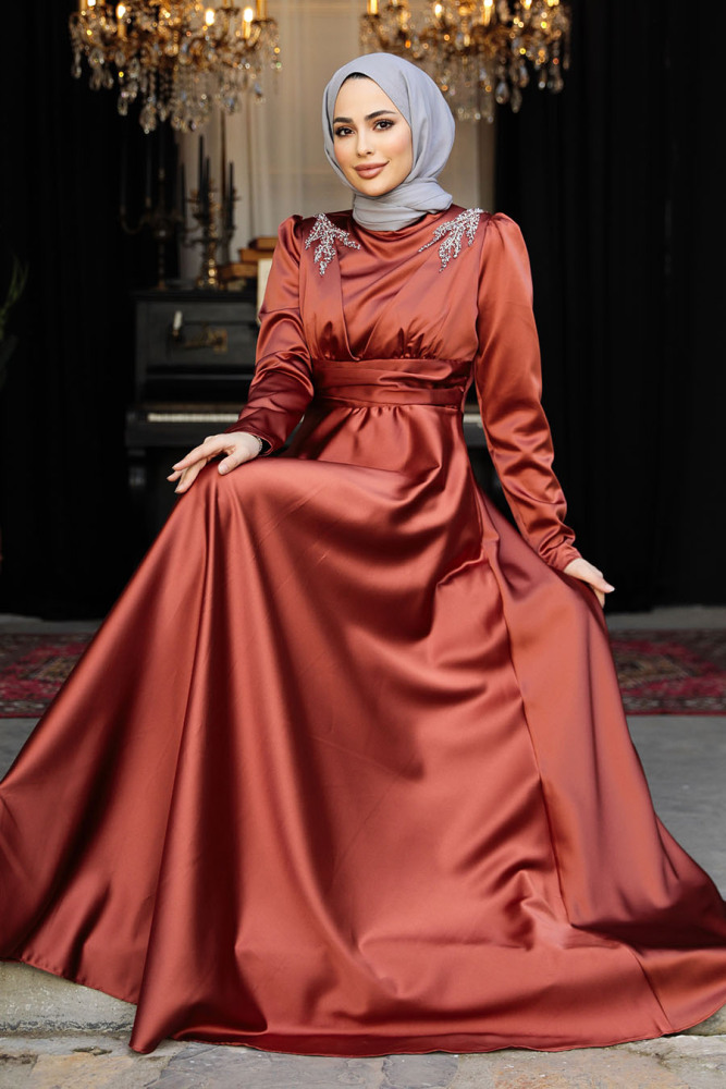 Tesettürlü Abiye Elbise - Boncuk Detaylı Kiremit Tesettür Saten Abiye Elbise 25880KRMT - 1