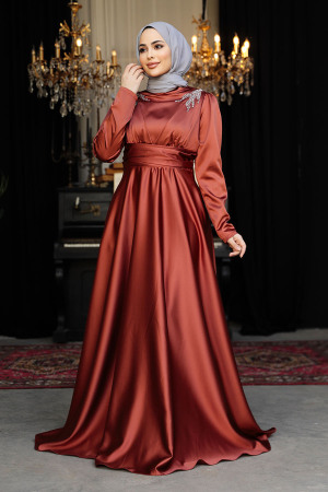 Tesettürlü Abiye Elbise - Boncuk Detaylı Kiremit Tesettür Saten Abiye Elbise 25880KRMT - 2