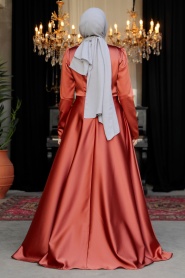 Tesettürlü Abiye Elbise - Boncuk Detaylı Kiremit Tesettür Saten Abiye Elbise 25880KRMT - Thumbnail