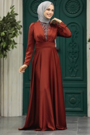 Tesettürlü Abiye Elbise - Boncuk Detaylı Kiremit Tesettür Saten Abiye Elbise 39011KRMT - Thumbnail
