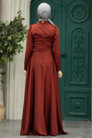 Tesettürlü Abiye Elbise - Boncuk Detaylı Kiremit Tesettür Saten Abiye Elbise 39011KRMT - Thumbnail