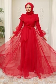 Tesettürlü Abiye Elbise - Boncuk Detaylı Kırmızı Tesettür Abiye Elbise 22331K - Thumbnail