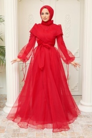 Tesettürlü Abiye Elbise - Boncuk Detaylı Kırmızı Tesettür Abiye Elbise 22331K - Thumbnail