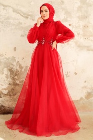 Tesettürlü Abiye Elbise - Boncuk Detaylı Kırmızı Tesettür Abiye Elbise 22571K - Thumbnail