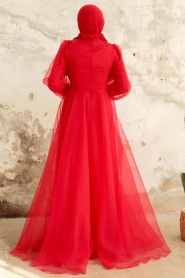 Tesettürlü Abiye Elbise - Boncuk Detaylı Kırmızı Tesettür Abiye Elbise 22571K - Thumbnail
