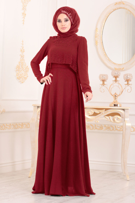 Tesettürlü Abiye Elbise - Boncuk Detaylı Kırmızı Tesettür Abiye Elbise 36840K