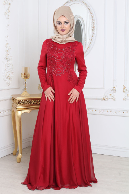 Tesettürlü Abiye Elbise - Boncuk Detaylı Kırmızı Tesettür Abiye Elbise 7954K