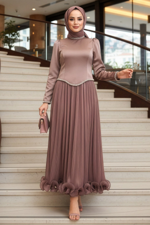 Tesettürlü Abiye Elbise - Boncuk Detaylı Koyu Vizon Tesettür Abiye Elbise 54981KV - N.S NEVA STYLE