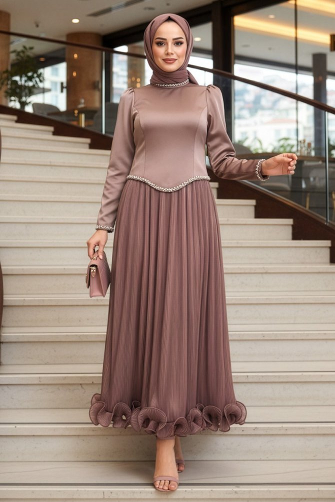 Tesettürlü Abiye Elbise - Boncuk Detaylı Koyu Vizon Tesettür Abiye Elbise 54981KV - 1