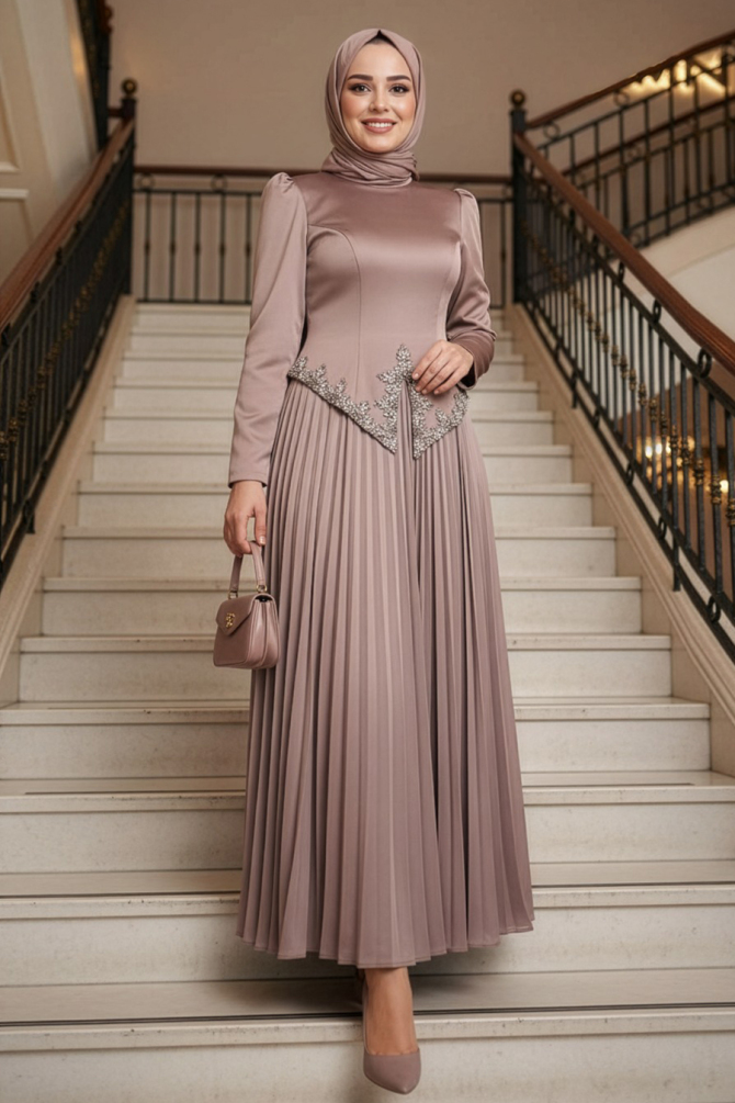 Tesettürlü Abiye Elbise - Boncuk Detaylı Koyu Vizon Tesettür Abiye Elbise 55141KV - 1