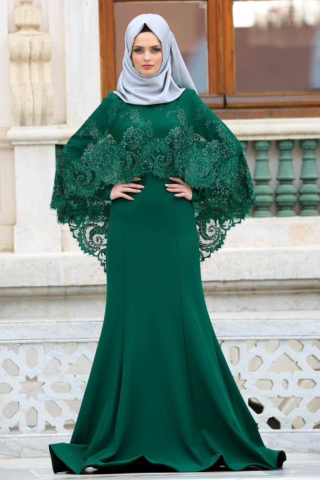 Tesettürlü Abiye Elbise - Boncuk Detaylı Koyu Yeşil Tesettürlü Abiye Elbise 43910KY
