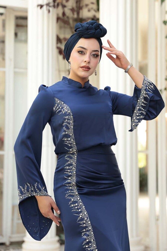 Tesettürlü Abiye Elbise - Boncuk Detaylı Lacivert Saten Tesettür Abiye Elbise 53361L - 4